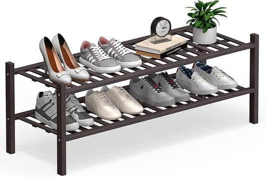 Haddockway Long 2 Tier Bamboo Shoe Rack Storage Organizer, Multifunctional Free Standing Stackable Shoe Shelf with Grid Panel for Closet,Hallway,Entryway,Small Space 34.2"x11"x13"(Brown, 2-Tier(Long))