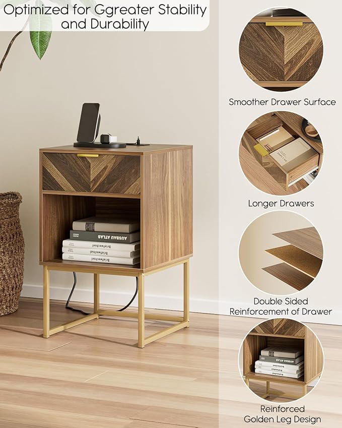 Nightstand with Charging Station,Modern Night Stand Boho Farmhouse Wood Bedside Table with Storage Drawer and Open Shelf,Side End Table for Bedroom,Living Room,Walnut