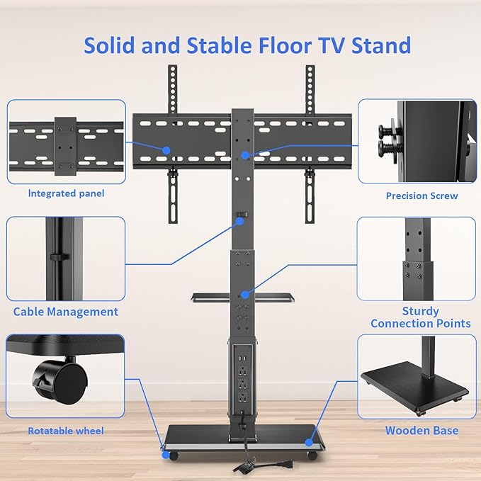 Rolling TV Stand with Power Outlet, Mobile TV Cart for 32-75 Inch TVs up to 110 lbs, 18 Adjustable Heights, Max VESA 600x400mm, TV Floor Stand with Swivel Mount/Shelf/Wheels, Fits for Bedroom, Outdoor