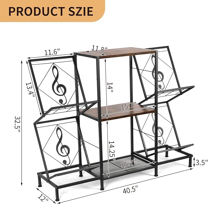 Record Player Stand with Vinyl Record Storage, Turntable Stand with 4-Tier Vinyl Display Shelf & Metal Frame, Record Holder for Living Room, Rustic Brown