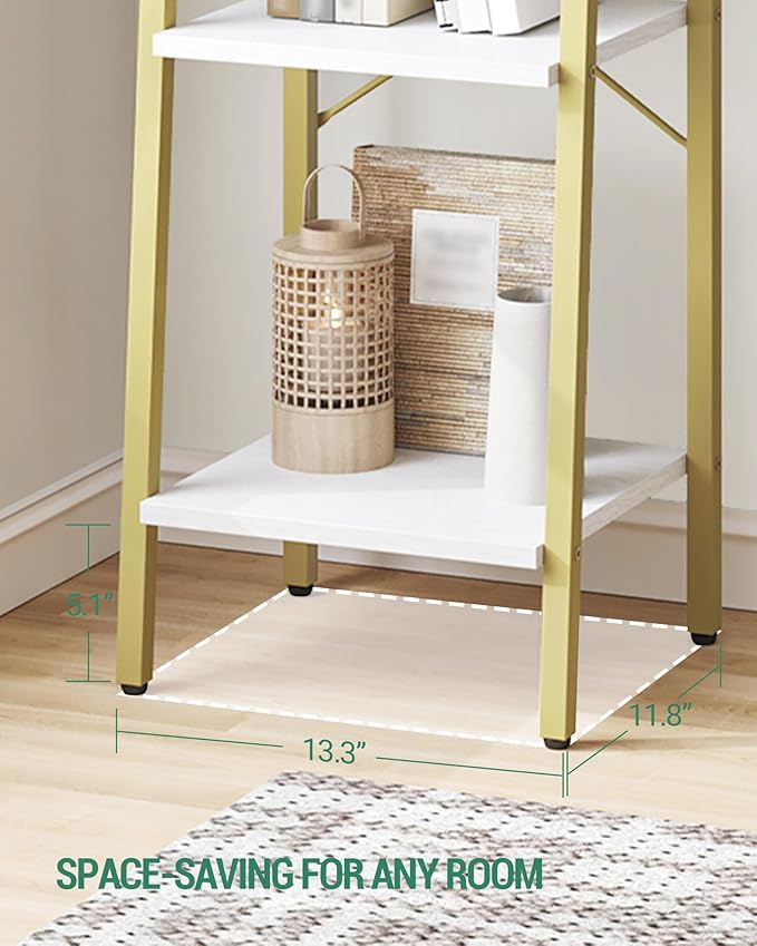 Ladder Shelf, Bookshelf Bookcase, Freestanding Corner Storage Shelve with 2 Hooks for Home Office, Living Room, Kitchen, Bedroom, Industrial, 6-Tier White Gold BC13313G