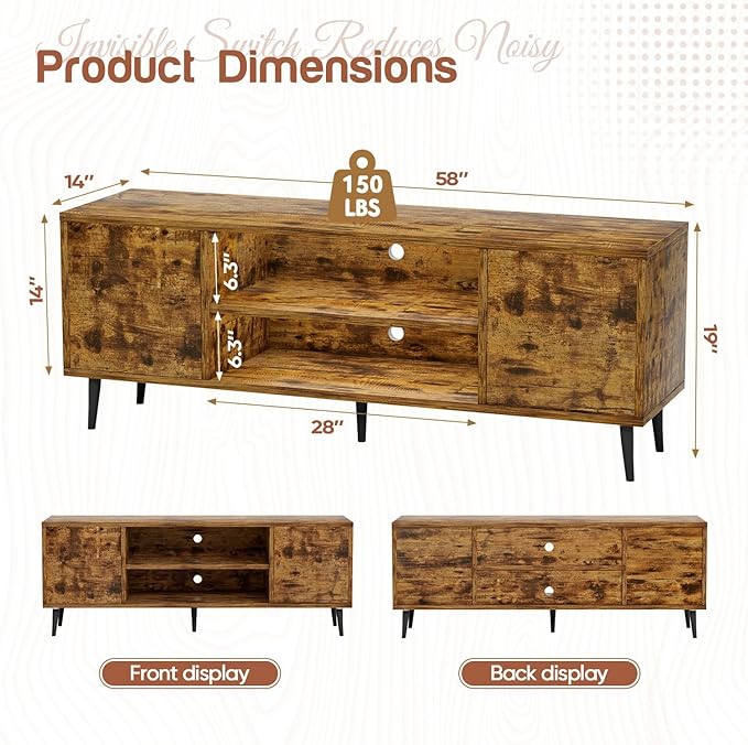 YESHOMY Modern TV Stand for 65" Television, Entertainment Center with Two Storage Cabinets and Open Shelves, Retro Style Media Console for Living Room, Bedroom, Office, 58 Inch, Rustic Brown