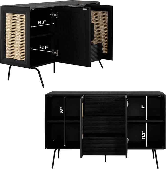 NTC MOSSIC Sideboard with 2 Doors and 3 Drawers, Buffet Cabinet with Natural Rattan and Metal Legs, Modern Storage Cabinet for Living Room, and Hallway, Effortless Assembly - Burnt Black