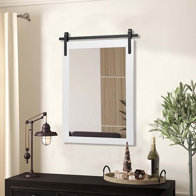 Farmhouse Bathroom Mirror, White Rustic Square Mirror for Wall Wood Framed Vanity Mirrors, Barn Door Style Decor Living Room Entryway Bedroom Mirrors, 18x26INCH (Hanging/Leaning)