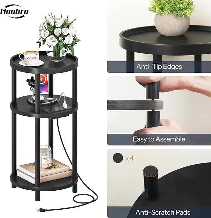 HOOBRO Small Round Side Table with Charging Station, 3-Tier Round Bamboo End Table, Compact Sofa Bedside Table for Small Space, Easy Assembly, for Living Room, Bedroom, Apartment, Black BB152UBZ01