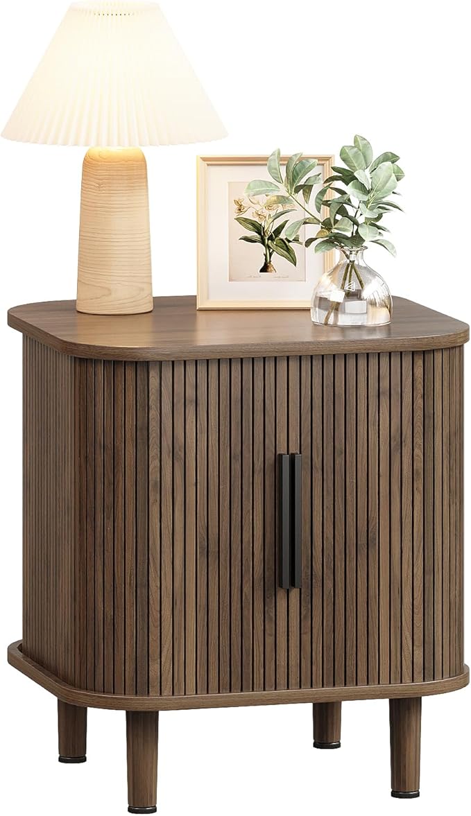 Fluted End Table with Sliding Tambour Door, Mid-Century Modern Bedside Table with Storage, Small Nightstand for Bedroom Living Room Side Table