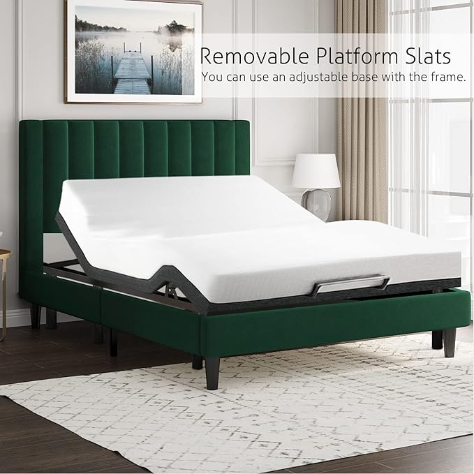 SHA CERLIN King Bed Frame/Velvet Upholstered Platform Bed Frame with Headboard/Strong Wood Slats Support/Mattress Foundation/No Box Spring Needed - Green