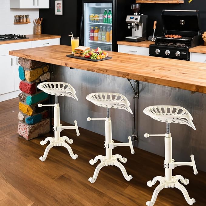 Vintage Tractor Seat Bar Stools Rustic 20-27inch Counter Height Adjustable Kitchen Island Chair Industrial Swivel Saddle Seat for Coffee House Office