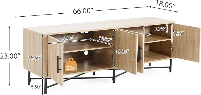 Christopher Knight Home Saral Modern 65 Inch TV Stand for TV up to 70 inch, TV Entertainment Center with Storage Adjustable Shelf, Wooden TV Console Table with Storage for Living Room, Natural