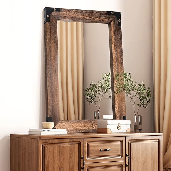 blue page Rustic Mirror Wood Mirror for Bathroom, Decorative Framed Wall Mirror, Farmhouse Natural Vanity Mirror, Wall Mounted Rectangular Mirror for Bedroom Living Room, Small 20x28 Inch