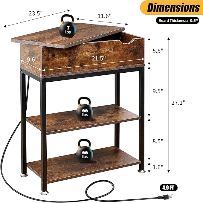 Rotating Top End Table with Charging Station, Side Table with USB Ports and Outlets, 24" W x 12" D x 27" H, Rotating End Table with Storage, Couch Side Tables, Narrow Table Living Room, Bedroom