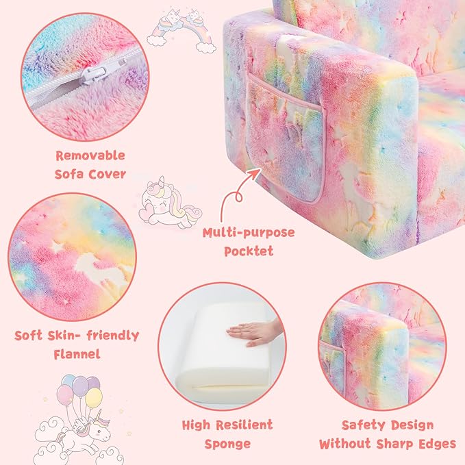 Toddler Chair Comfy,2-in-1 Soft Toddler Couch Fold Out for Kids,Convertible Sofa to Lounger,Gift for Girls and Boys Birthday,Unicorn,Large