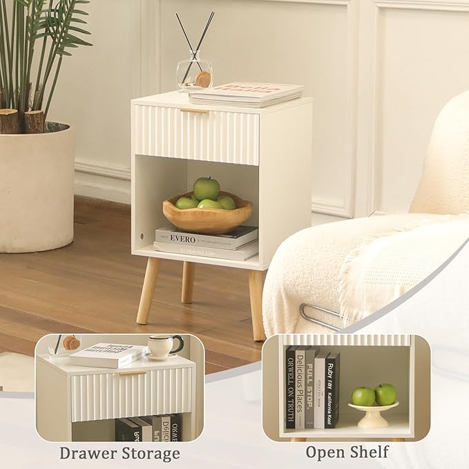 White Nightstand, Modern Bedside Table with Drawer and Opening Storage, Fluted End Side Table Living Room with Solid Wood Legs for Bedroom (White)