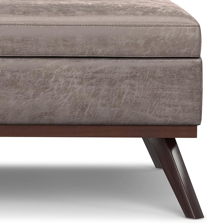 SIMPLIHOME Owen 40 inch Wide Mid Century Modern Square XL Coffee Table Storage Ottoman in Distressed Grey Taupe Vegan Faux Leather, Assembled, for The Living Room, Entryway and Family Room