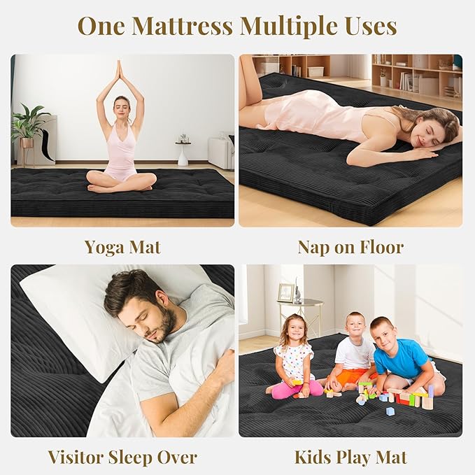 Japanese Floor Mattress, 4" Thicken Futon Mattress Full Size Sleeping Pad, Corduroy Foldable Mattress Pad Roll Up Tatami Mat Floor Mattress for Adults（Black）