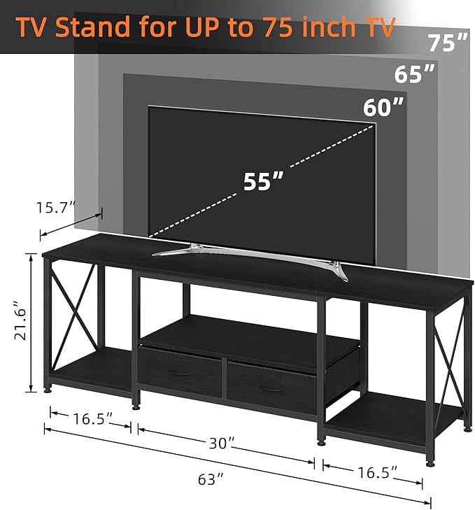 TV Stand with Fabric Drawers for 65 70 75 Inches TV - Entertainment Center and Industrial TV Console Table with Open Storage Shelves for Living Room, Bedroom - 63.5" Black