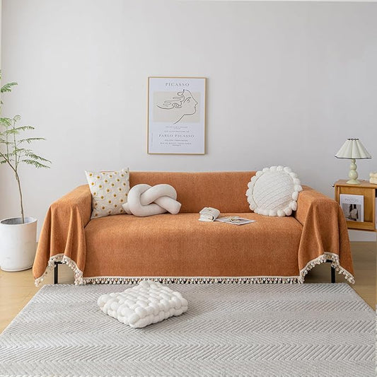 HANDONTIME Dark Orange Sofa Covers Couch Cover for Dogs Colorful Tassel Sofa Seat Cover Lovetseat Covers Pet Couch Cover Bohemian Sofa Cover for Couch Vintage Boho Couch Covers Futon Cover, 71" X118"