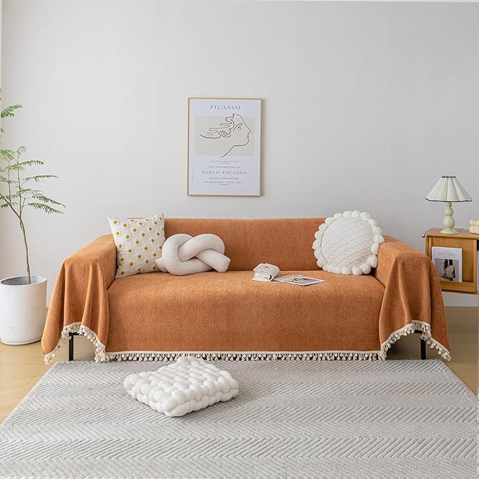 HANDONTIME Dark Orange Sofa Covers Couch Cover for Dogs Colorful Tassel Sofa Seat Cover Lovetseat Cover Pet Couch Cover Bohemian Sofa Cover for Couch Vintage Boho Couch Covers Futon Cover, 91" X118"