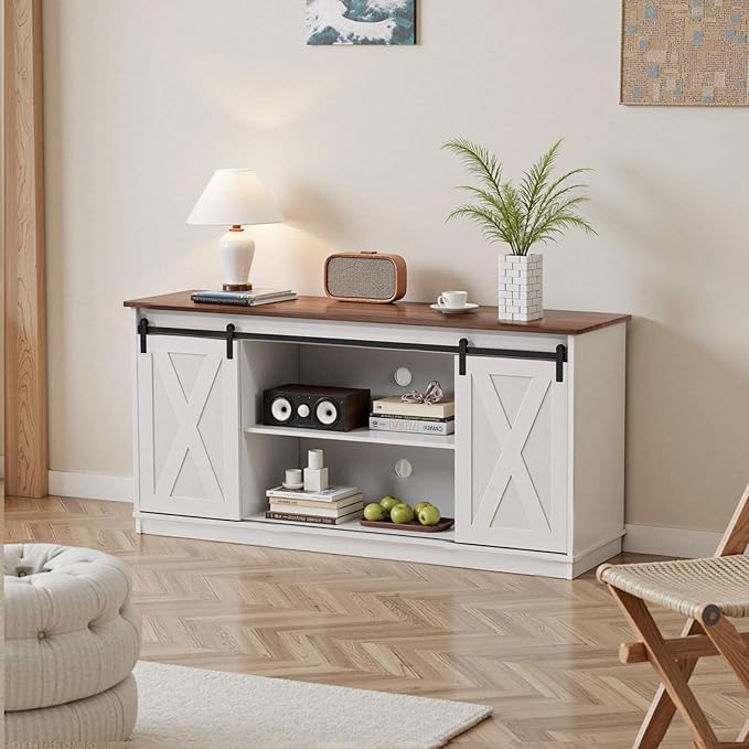 Sweetcrispy Farmhouse TV Stand for Living Room Bedroom White 65 Inch, Tall Entertainment Center with Storage Shelves, Media Console Cabinet with Wood Board, 300 LBS Capacity, and Sliding Barn Door
