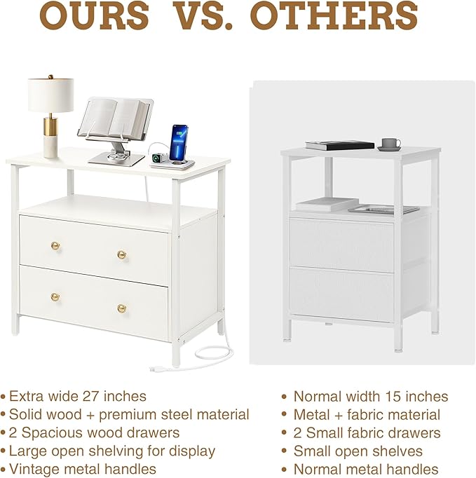 27 inch Wide Nightstand with Charging Station, Bedside Table with Open Shelf, 2 Drawers Small Wood Dresser, End Side Table for Bedroom (2 Pack,White)