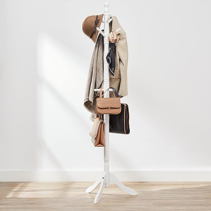 VASAGLE Solid Wood Coat Rack and Stand, Free Standing Hall Coat Tree with 10 Hooks for Hats, Bags, Purses, for Entryway, Hallway, Rubberwood, Cloud White URCR03WT