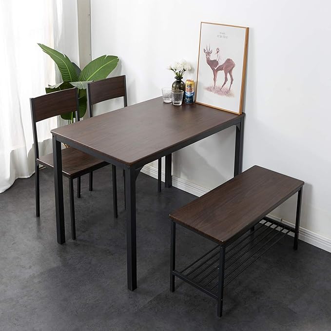 sogesfurniture 4 Piece Dining Table Set, Dining Table Set for 4, Kitchen Dinner Table with Benches for 4, Includes Table, 2 Chairs & Bench, Brown