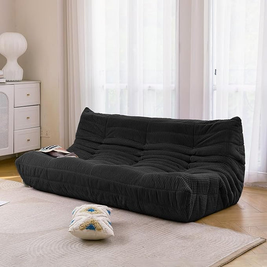 N&V Fireside Three Seater Sofa, Mid Century Armless Twin Size Floor Sofa, Soft Premium Corduroy Floor Lounge Chair, Foam Sofa Accent Chair for Living Room, Bedroom (Black)