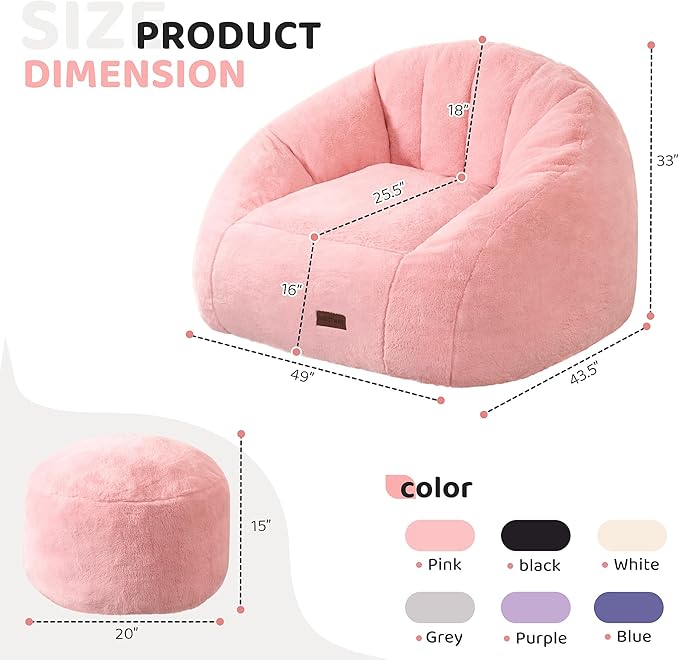 HABUTWAY Bean Bag Chair, Giant Bean Bag Chairs for Adults with Ottoman, Comfy Faux Fur Shell-Shaped Bean Bag Couch, Sofa Chair for Living Room, Bedroom, Pink