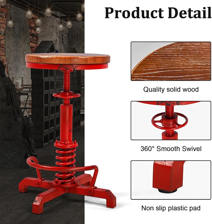 4-Piece American Antique Steampunk Bar Stool 24.41"-28.35" Vintage Industrial Adjustable Swivel Backless Counter Stool for Home, Dining, Breakfast, Pub, (Heavy Duty Metal & Wood, Aged Red, Brown Top)