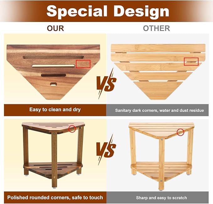 IBosins Corner Shower Stool with Storage Shelf Shower Foot Rest for Shaving Legs Small Bench for Inside Shower to Sit on Bath Seat - Acacia Wood
