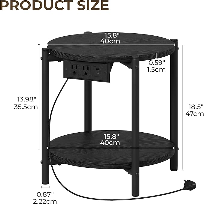 LIKIMIO Small Round End Tables Set of 2 with Charging Station, 2-Tier Wooden Side Tables, 15.8" W Modern Nightstands for Small Spaces, Living Room, Bedroom, Black
