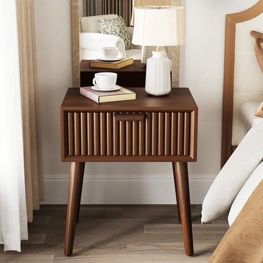 COSIEST Modern End Table w Striped Pattern, Mid-Century Nightstand w Storage Drawer, Small Wood Accent End Table for Bedroom, Living Room