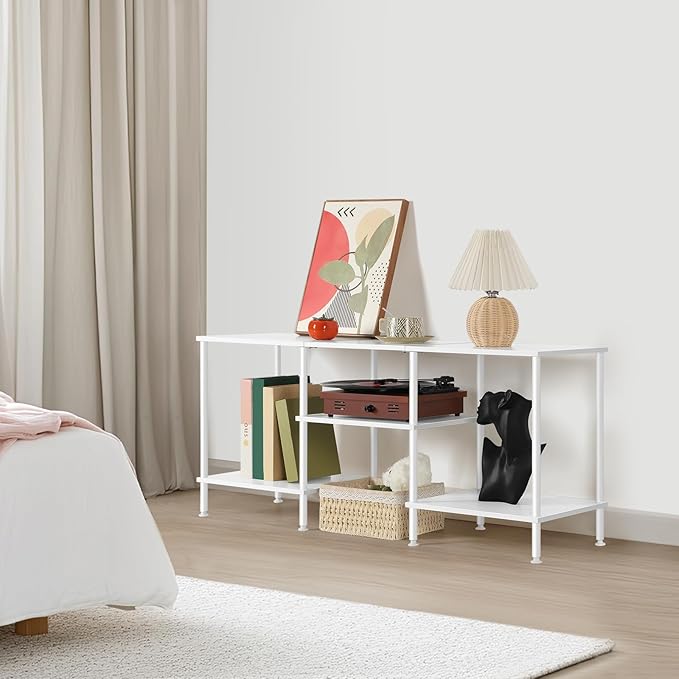 OYEAL White TV Stand for Bedroom Modern Entertainment Center Table with Storage Shelves for 50 Inch TV, 3 Tier Media Console Table for Small Spaces