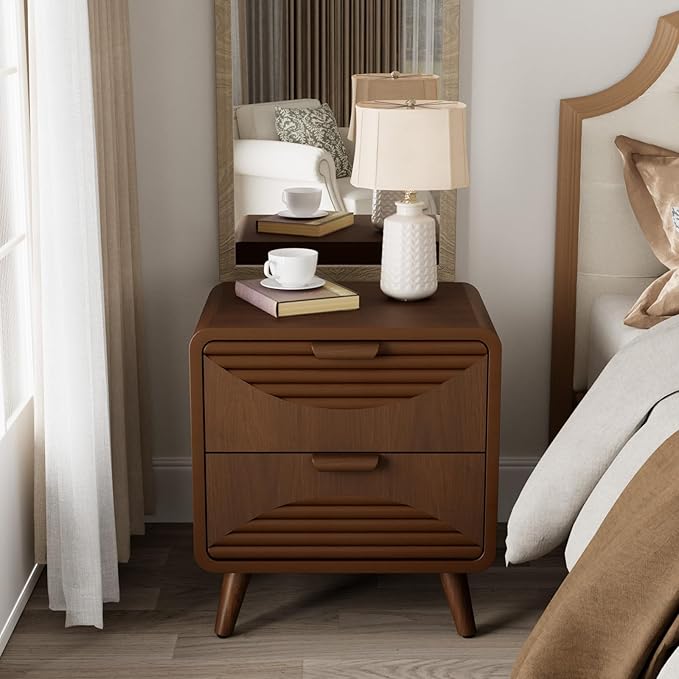 COSIEST Mid-Century Nightstand, Vintage Accent Furniture w 2 Storage Drawers, Modern End Table w Striped Pattern, Wood Small Accent Table for Bedroom, Living Room(Brown,2 Pieces)