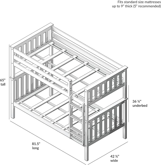 Max & Lily Bunk Bed Twin over Twin, Solid Wood Bunk Bed Frame with Ladder for Kids, 14" Safety Guardrails, Easy Assembly, No Box Spring Needed, Natural