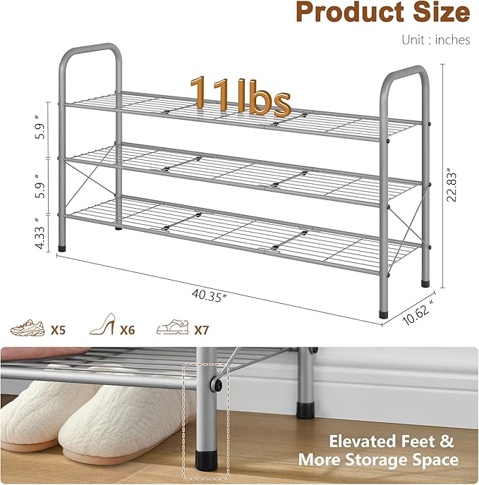 Hoctieon 3 Tier Mesh Style Shoe Rack, Entryway Shoe Shelf, Shoe Storage Organizer, Shoe Rack for Closet, Space Save for Bathroom, Garage, Hallway, Bedroom, Living Room, Grey