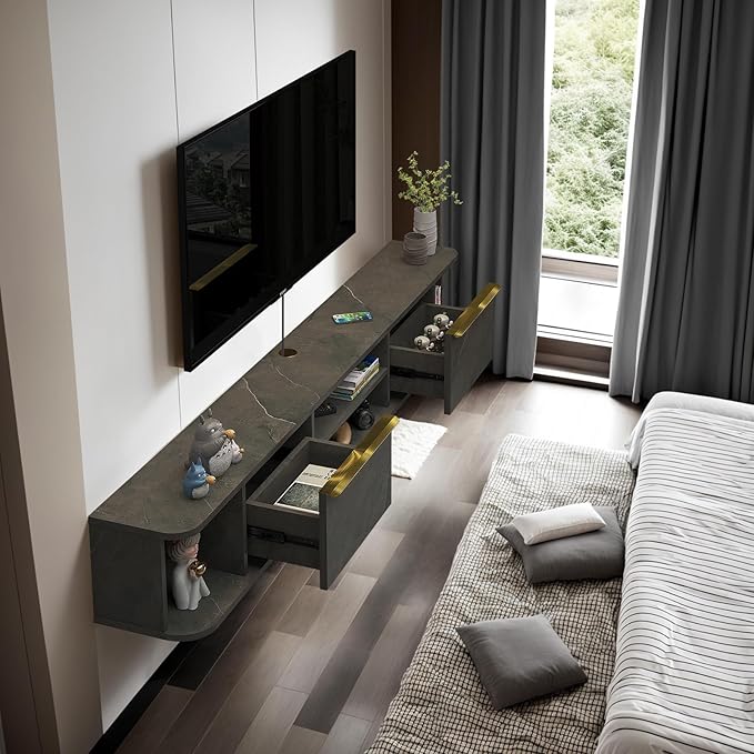 Pmnianhua Floating TV Stand with 2 Drawers,78'' Wall Mounted TV Cabinet,Floating Shelf for Under TV,Floating TV Unit with Stoarage for Bedroom Living Room(Grey)