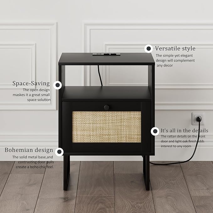 Masupu Rattan Nightstand with Charging Station,Modern Boho Farmhouse Wood Bedside Table with Storage Drawer and Open Shelf,Small Black Frame Side End Table for Bedroom,Living Room,Office (Black)