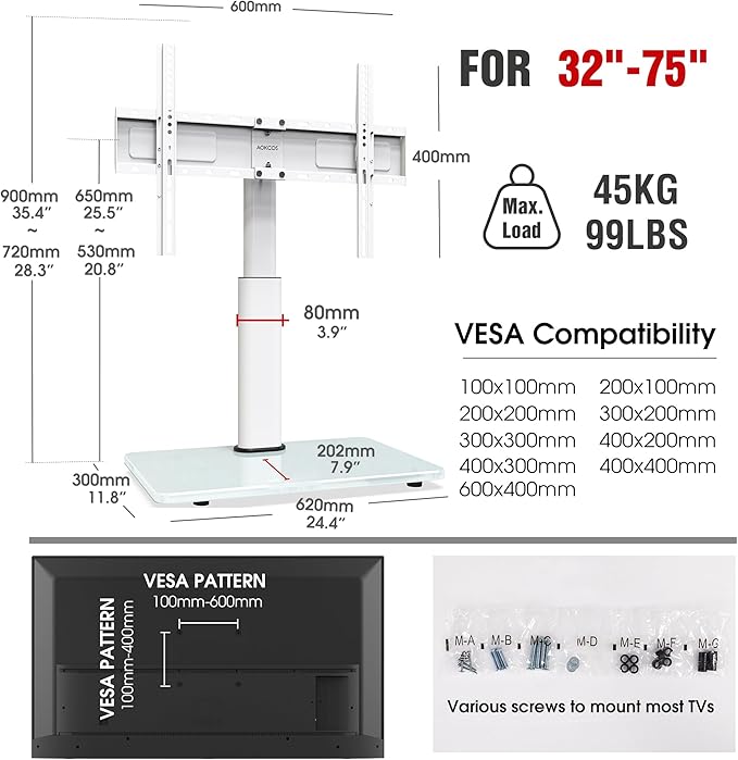 Swivel Universal TV Stand for 32-75 inch TVs with Tilt Down/Up, 8 Levels Height Adjustable Table Top TV Mount Stand with Stable Heavy Duty Tempered Glass Base, MAX VESA 600x400 mm up to 99lbs, White