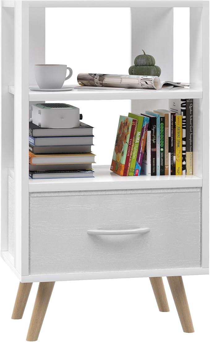 Night Stand, White Kids Nightstand with Drawer, Nursery Side Table with Open Storage, 3-Tier Modern End Table, Bedside Table for Small Space, Living Room, Bedroom