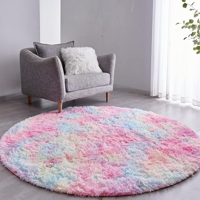 FJZFING Rainbow Round Rug Ultra-Soft Plush Modern 7x7 Circle Area Rug for Kid's Bedroom, Fluffy Shag Circular Rug for Nursery Room, Non-Slip Home Decor Colorful Carpet for Teen's Room