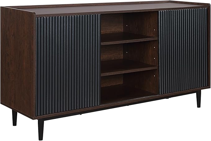 Manhattan Comfort Duane 59-Inch Ribbed Mid Century Modern Sideboard, Versatile Dining & Living Room Buffet Table with 3 Adjustable Center Shelves & 2 Side Cabinets, Set of 3, Black