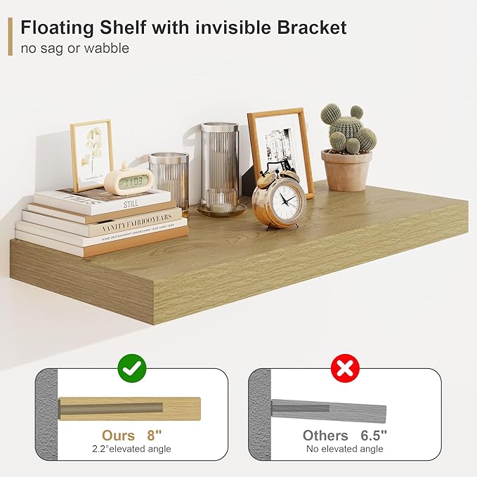 Heimlove Oak Bathroom Shelves Floating Shelves for Wall Shelf Over Toilet Long Wall Mounted Modern Farmhouse,48 x 12 Wall Shelves with Invisible Brackets for Living Room, Kitchen, Bedroom