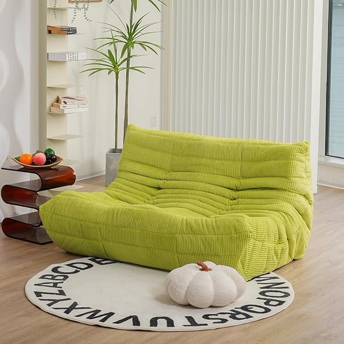 N&V Fireside Loveseat, Mid Century Armless Twin Size Floor Sofa, Soft Premium Corduroy Floor Lounge Chair, Foam Sofa Accent Chair for Living Room Bedroom and Office, Lime