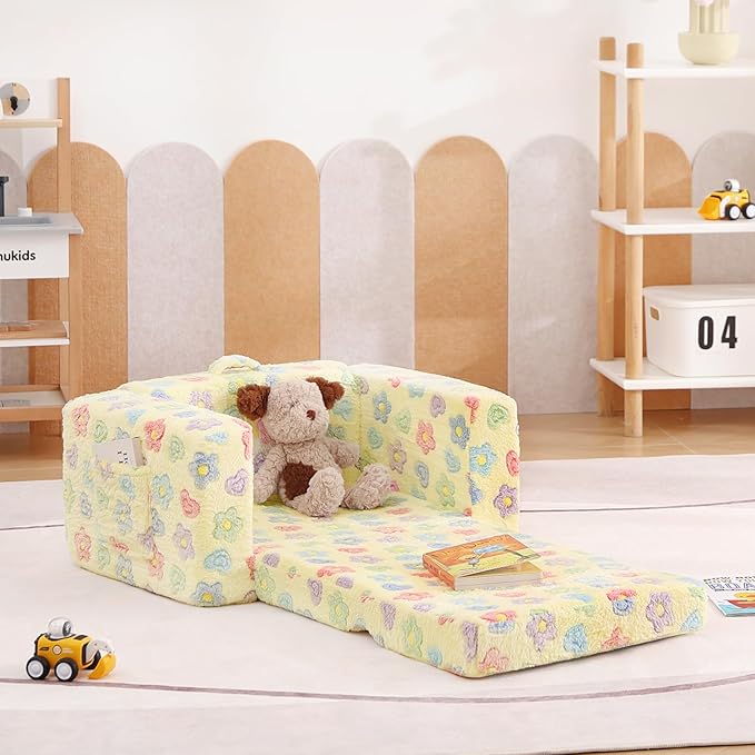 Tiita 2-in-1 Kids Sofa, Convertible Children Couch to Lounger, Flip Out Kids Chair, Toddler Armrest Chair Bed, Folding Kid Play Sofa for Girl or Boy, Flower