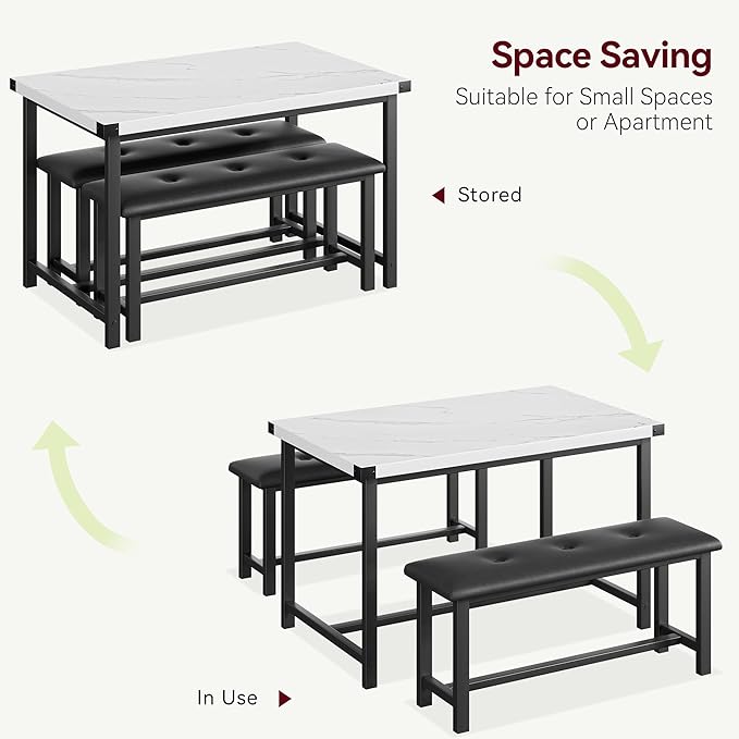 Dining Table Set for 4, Kitchen Table with 2 Upholstered Benches, 3-Piece Dining Room Set for Kitchen, Apartment and Small Spaces, Marble White