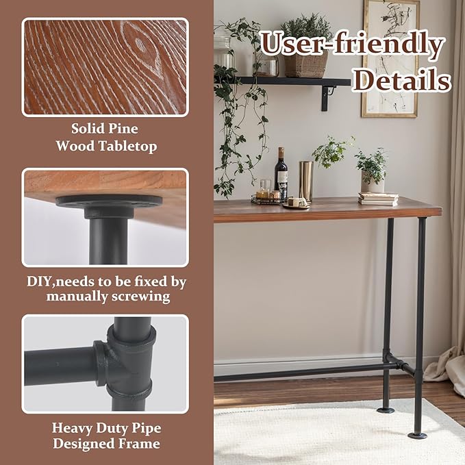 Industrial 41.3inch Height Bar Table Vintage Pipe Design Bistro Table Rustic Kitchen Dining Breakfast Desk Farmhouse Office Computer Desk Wooden Top Pub Coffee Table