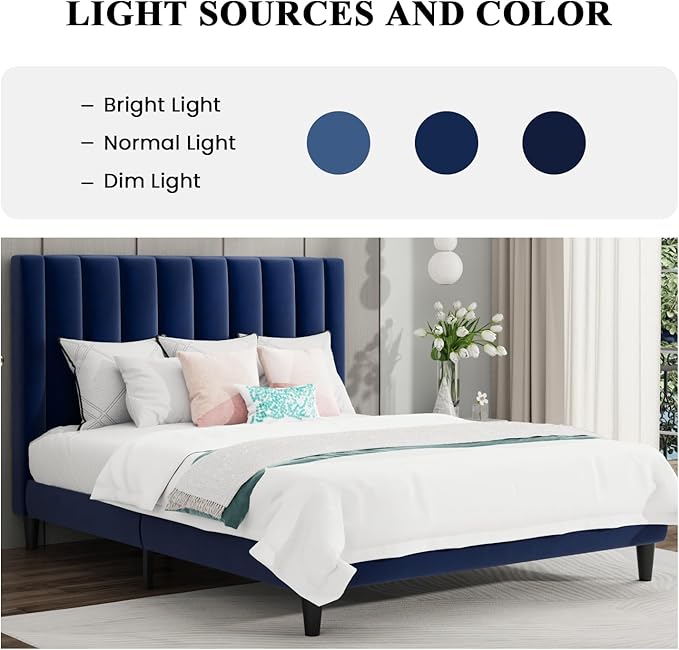 SHA CERLIN Queen Bed Frame/Velvet Upholstered Platform Bed Frame with Headboard/Strong Wood Slats Support/Mattress Foundation/No Box Spring Needed - Dark Blue