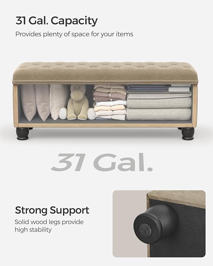 SONGMICS Storage Ottoman, Storage Bench, Tufted Entryway Bedroom Bench, 17.7 x 46.5 x 17.7 Inches, Hinges Easy Lid Operation, Wooden Legs, Linen-Look Cover, Loads 330 lb, Camel Brown ULOM070K01