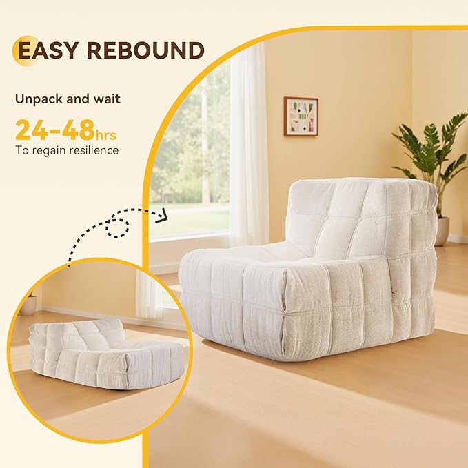 Bean Bag Chair, Soft Chenille Pre-Filled Lazy Chair Floor Sofa Bean Bag Chair for Adults and Teens, Accent Chair for Living Room Bedroom Apartment (Ivory)